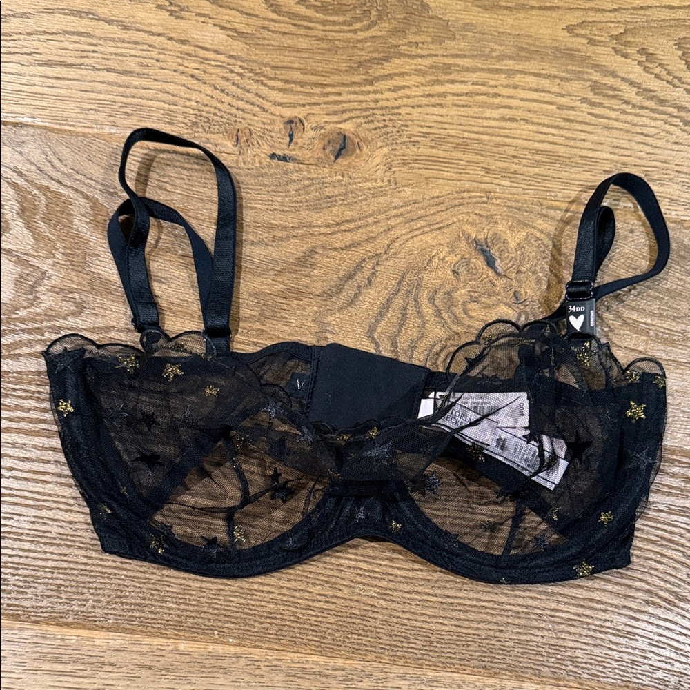 Victoria’s Secret Elegant Black Lace Bra with Gold Star Accents 34DD